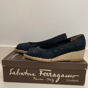 Vintage Navy Suede Espadrille Peep-Toe Wedge
